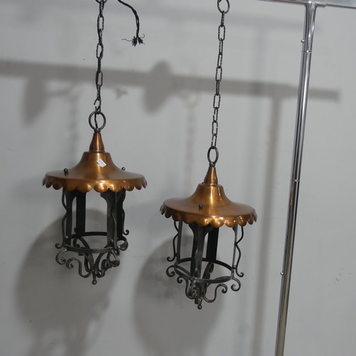 502 - A pair of Gothic Revival wrought iron ceiling Lanterns, with copper shades, H 50 cm(2)... 