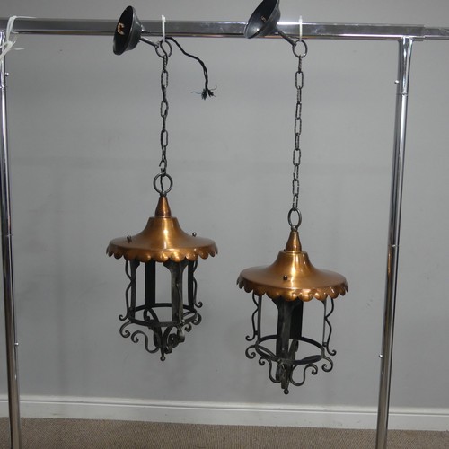 502 - A pair of Gothic Revival wrought iron ceiling Lanterns, with copper shades, H 50 cm(2)... 