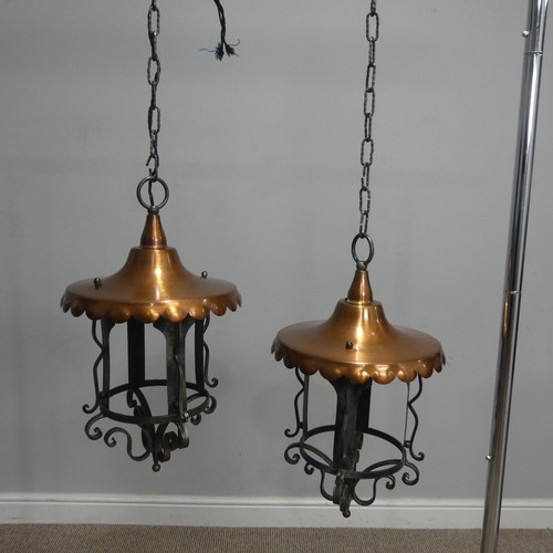 502 - A pair of Gothic Revival wrought iron ceiling Lanterns, with copper shades, H 50 cm(2)... 