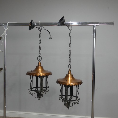 502 - A pair of Gothic Revival wrought iron ceiling Lanterns, with copper shades, H 50 cm(2)... 