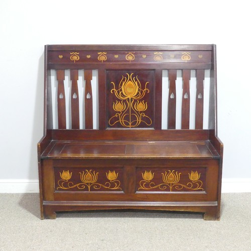 534 - A Shapland and Petter of Barnstaple mahogany inlaid Glasgow School box seat hall Settle, possibly fo... 