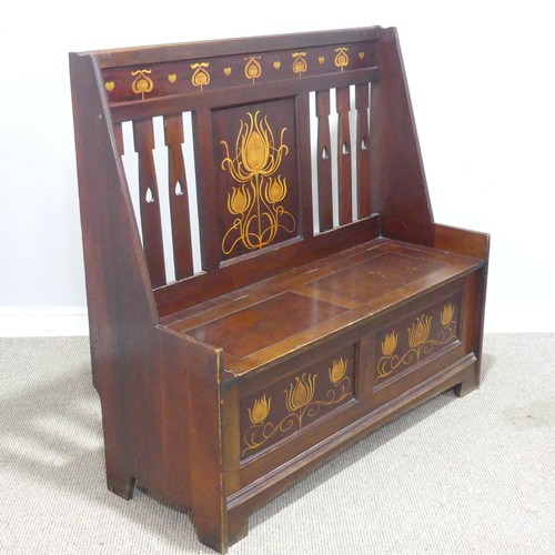 534 - A Shapland and Petter of Barnstaple mahogany inlaid Glasgow School box seat hall Settle, possibly fo... 