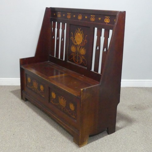 534 - A Shapland and Petter of Barnstaple mahogany inlaid Glasgow School box seat hall Settle, possibly fo... 