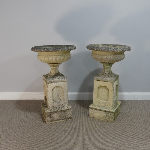 547 - A pair of reconstituted stone garden Planters, raised on plinth column bases, W 48 cm x H 80 cm x D ... 