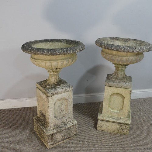 547 - A pair of reconstituted stone garden Planters, raised on plinth column bases, W 48 cm x H 80 cm x D ... 