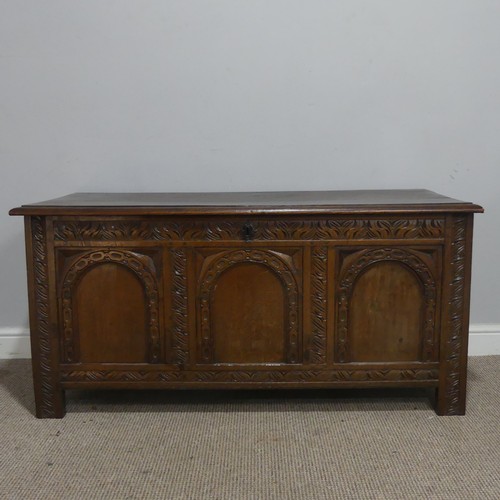 668 - A 19th century carved oak Coffer, raised on square supports, W 124 cm x H 60 cm x D 48.5 cm.... 