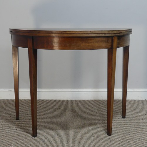 605 - A 19th century mahogany demi-lune tea Table, raised on tapering supports, W 92.5 cm x H 72.5 cm x D ... 