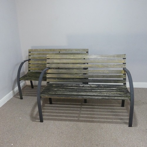 618 - A pair of weathered teak and metal garden Benches, W 120 cm x H 83 cm x D 60 cm(2)