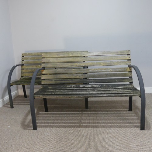 618 - A pair of weathered teak and metal garden Benches, W 120 cm x H 83 cm x D 60 cm(2)