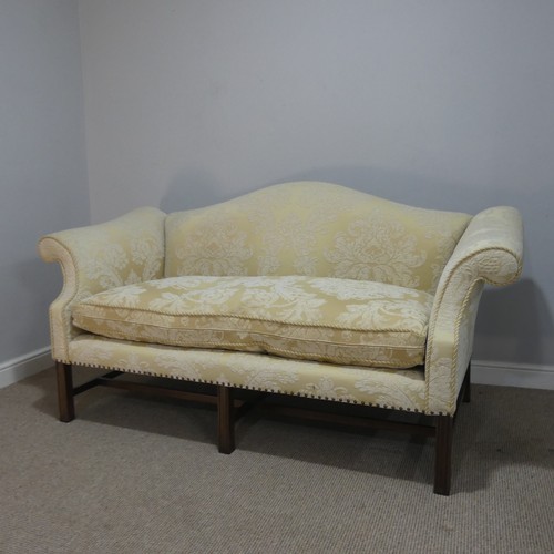 633 - An antique upholstered two-seat Sofa, serpentine top flanked by scrolled arms, W 185 cm x H 93 cm x ... 