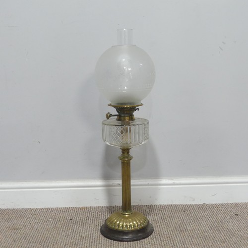 647 - A Victorian Rippingilles duplex No.3 brass Oil Lamp, with cut glass reservoir below etched shade and... 