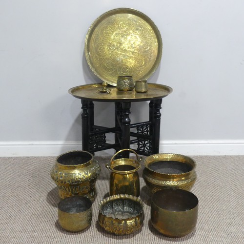 648 - An antique Benares brass top Table, W 57 cm x H 53 cm x D 57 cm, together with another Benares brass... 