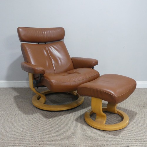 655 - An Ekornes brown leather stressless lounge Chair and matching Footstool, with labels to underside, (... 