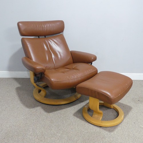 655 - An Ekornes brown leather stressless lounge Chair and matching Footstool, with labels to underside, (... 