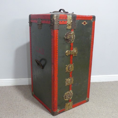 678 - An early 20th century metal bound steamer Wardrobe Trunk, the trunk with brass locks and leather han... 