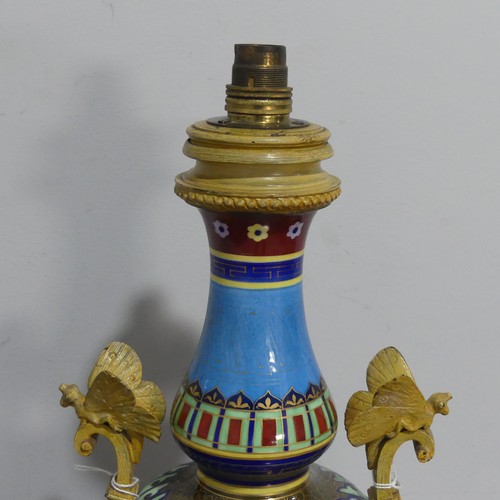 505 - An French Longwy style table Lamp, with painted metal ormolu mounts and base, the body of a 'cloison... 