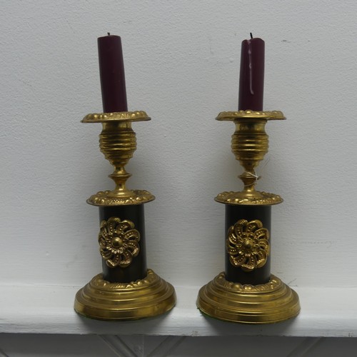 625 - A pair of antique French gilt metal Candlesticks, H 17 cm(2)