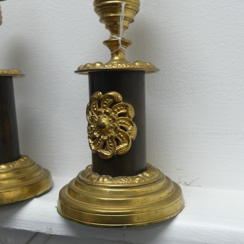 625 - A pair of antique French gilt metal Candlesticks, H 17 cm(2)