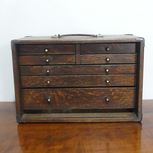 662 - A vintage oak Tool Box, fitted with drawers, W 43 cm x H 29 cm x D 22 cm.