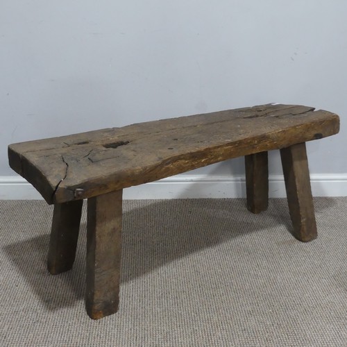 656 - An antique rustic oak Bench, of joint construction, W 115 cm x H 48 cm x D 39 cm.