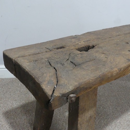 656 - An antique rustic oak Bench, of joint construction, W 115 cm x H 48 cm x D 39 cm.