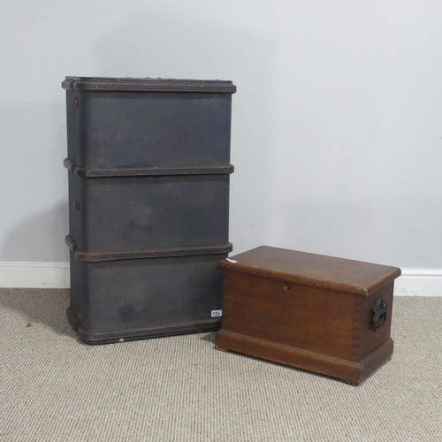 554 - A 19th century miniature oak Chest/Trunk, W 49.5 cm x H 29 cm x D 28 cm, together with a vintage blu... 