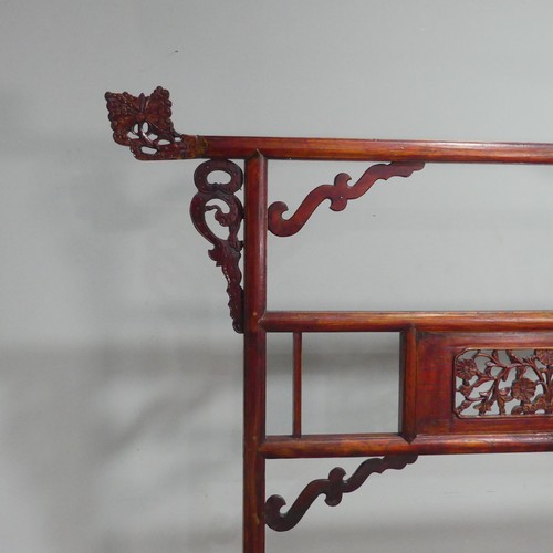 706 - An antique Chinese carved wood clothes/robe Rack, decorated with pierced foliate carvings W 119 cm x... 