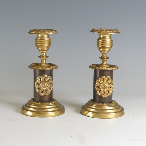 625 - A pair of antique French gilt metal Candlesticks, H 17 cm(2)