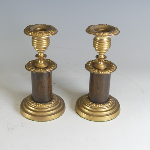 625 - A pair of antique French gilt metal Candlesticks, H 17 cm(2)