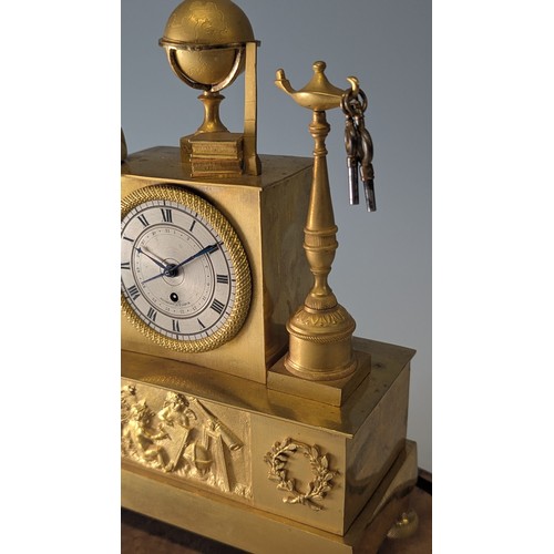 708 - A French Empire ormolu mantel Clock, incorporating musical mechanism to plinth, circa 1820, the silv... 