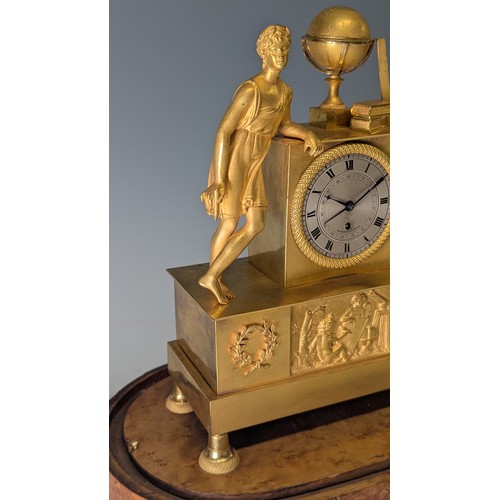 708 - A French Empire ormolu mantel Clock, incorporating musical mechanism to plinth, circa 1820, the silv... 