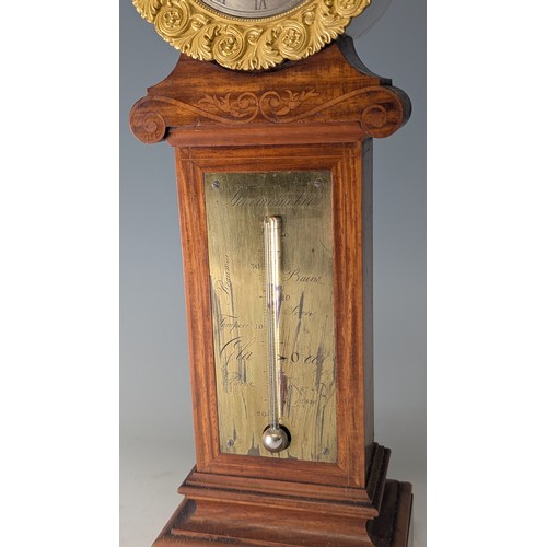 709 - A late 19th century French inlaid satinwood mantel Clock Thermometer, the 3 1/2'' silvered dial with... 