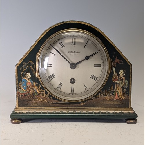 710 - A J.W. Benson London green Chinoiserie mantel Clock, the convex silvered dial with Roman numerals an... 