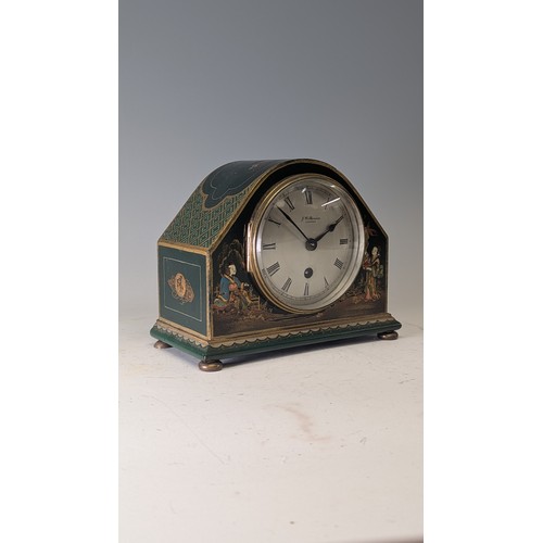 710 - A J.W. Benson London green Chinoiserie mantel Clock, the convex silvered dial with Roman numerals an... 