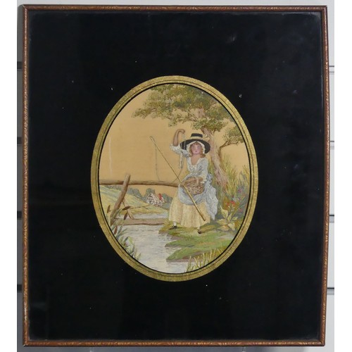 623 - A Georgian silk and embroidered needlework figural picture, depicting a young woman holding fishing ... 