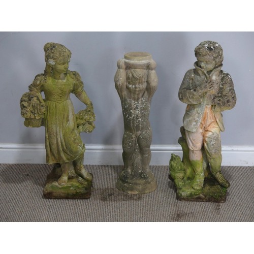 765 - Three reconstituted stone garden Statues, of small proportions, (Largest)H 76 cm(3)