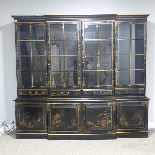 695 - A 19th century inspired Japanned style breakfront Bookcase, with glass shelves and glazed doors, W 2... 