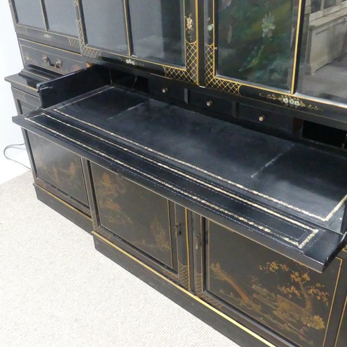 695 - A 19th century inspired Japanned style breakfront Bookcase, with glass shelves and glazed doors, W 2... 