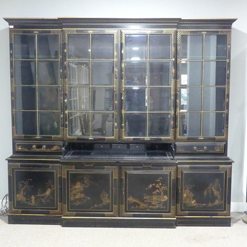 695 - A 19th century inspired Japanned style breakfront Bookcase, with glass shelves and glazed doors, W 2... 