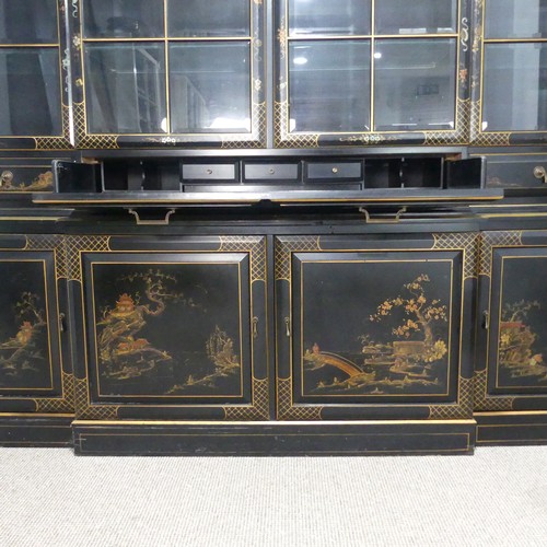 695 - A 19th century inspired Japanned style breakfront Bookcase, with glass shelves and glazed doors, W 2... 