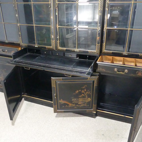 695 - A 19th century inspired Japanned style breakfront Bookcase, with glass shelves and glazed doors, W 2... 