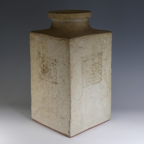 6 - Ian Auld (British, 1928-2000) a large studio pottery Vase, slab built square form with incised decor... 