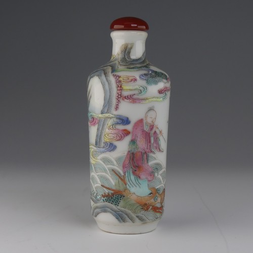 105 - A Chinese famille rose porcelain Snuff Bottle, decorated in fine enamels of an elder riding a dragon... 