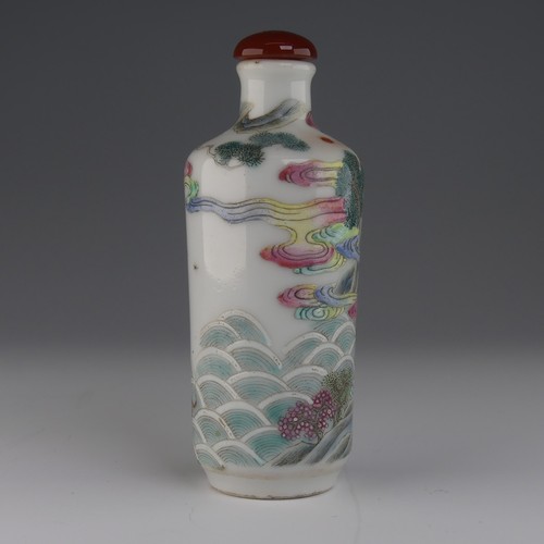 105 - A Chinese famille rose porcelain Snuff Bottle, decorated in fine enamels of an elder riding a dragon... 