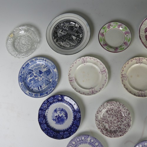 12 - A quantity of antique Child's pottery Plates, to comprise primarily blue and white transfer ware, to... 