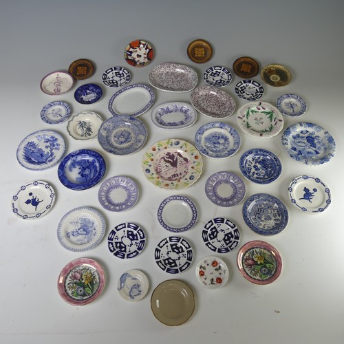 12 - A quantity of antique Child's pottery Plates, to comprise primarily blue and white transfer ware, to... 