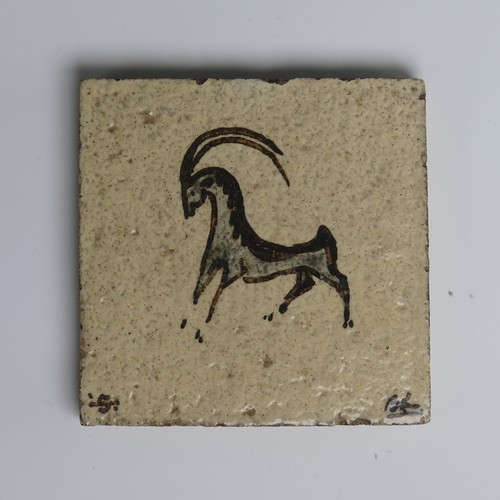 13 - Bernard Leach CBE (1887-1979) a Leach St Ives pottery Tile, depicting a stylised ibex in tenmoku and... 