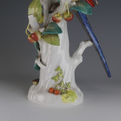 17 - A Meissen porcelain figure of a Parrot, perched on branch surrounded by Cherries, Mushrooms and Stra... 