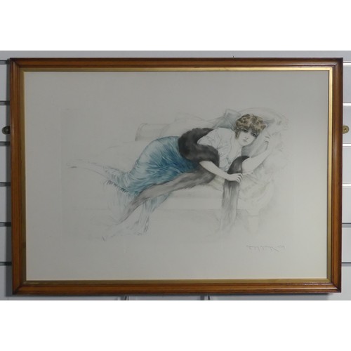 154 - Maurice Millière (French 1871-1946), A young woman reclining on a day bed, colour drypoint et... 