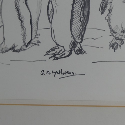 155 - Gertrude A Matheson (20th century), Group of Penguins, pencil on paper, signed, 28cm x 38cm, framed ... 